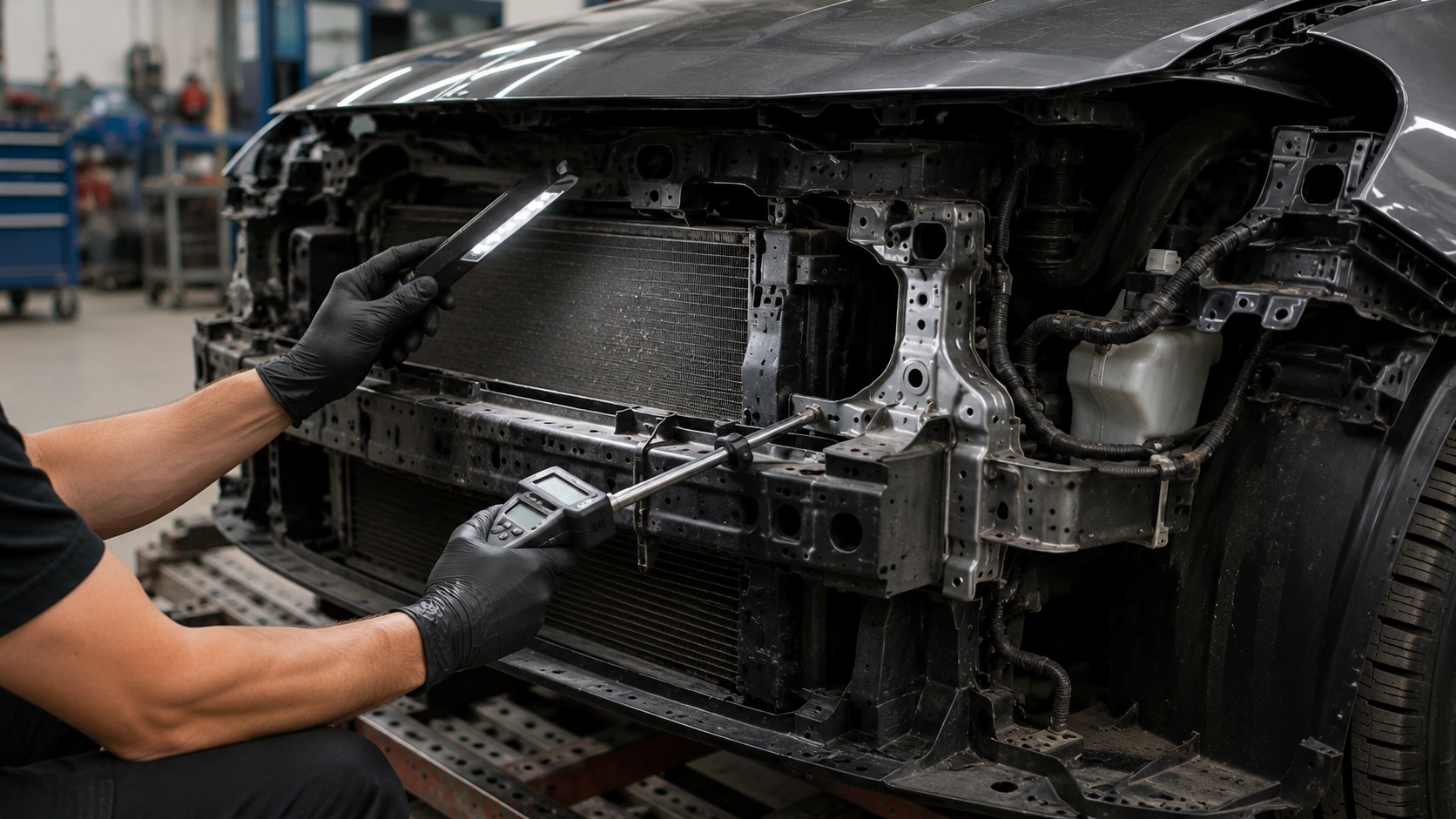 Post-accident inspections showing a technician examining hidden front-end collision damage with professional inspection equipment