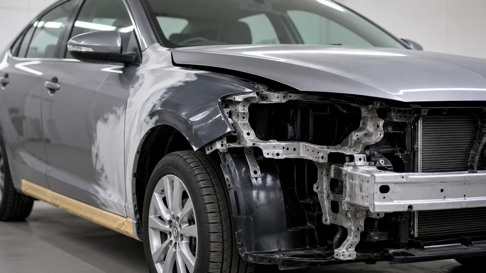 Collision repair showing a damaged vehicle undergoing professional front-end restoration at an auto body shop