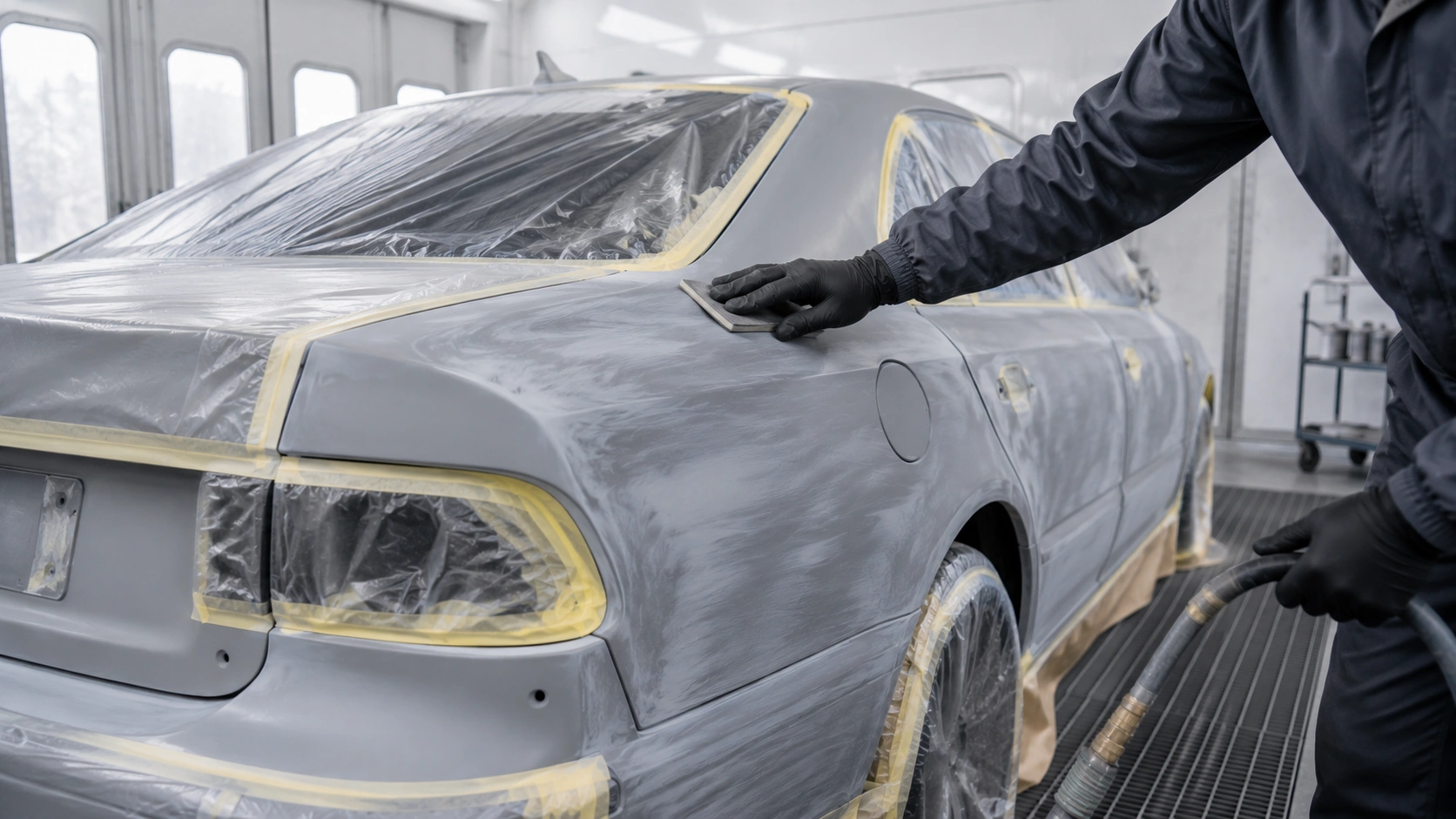 Technician preparing a vehicle for full vehicle repainting service in Des Moines, IA
