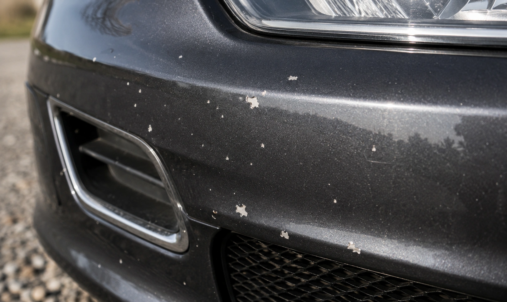 Close-up of paint chip damage on a vehicle's front bumper caused by road debris, requiring professional paint chip repair