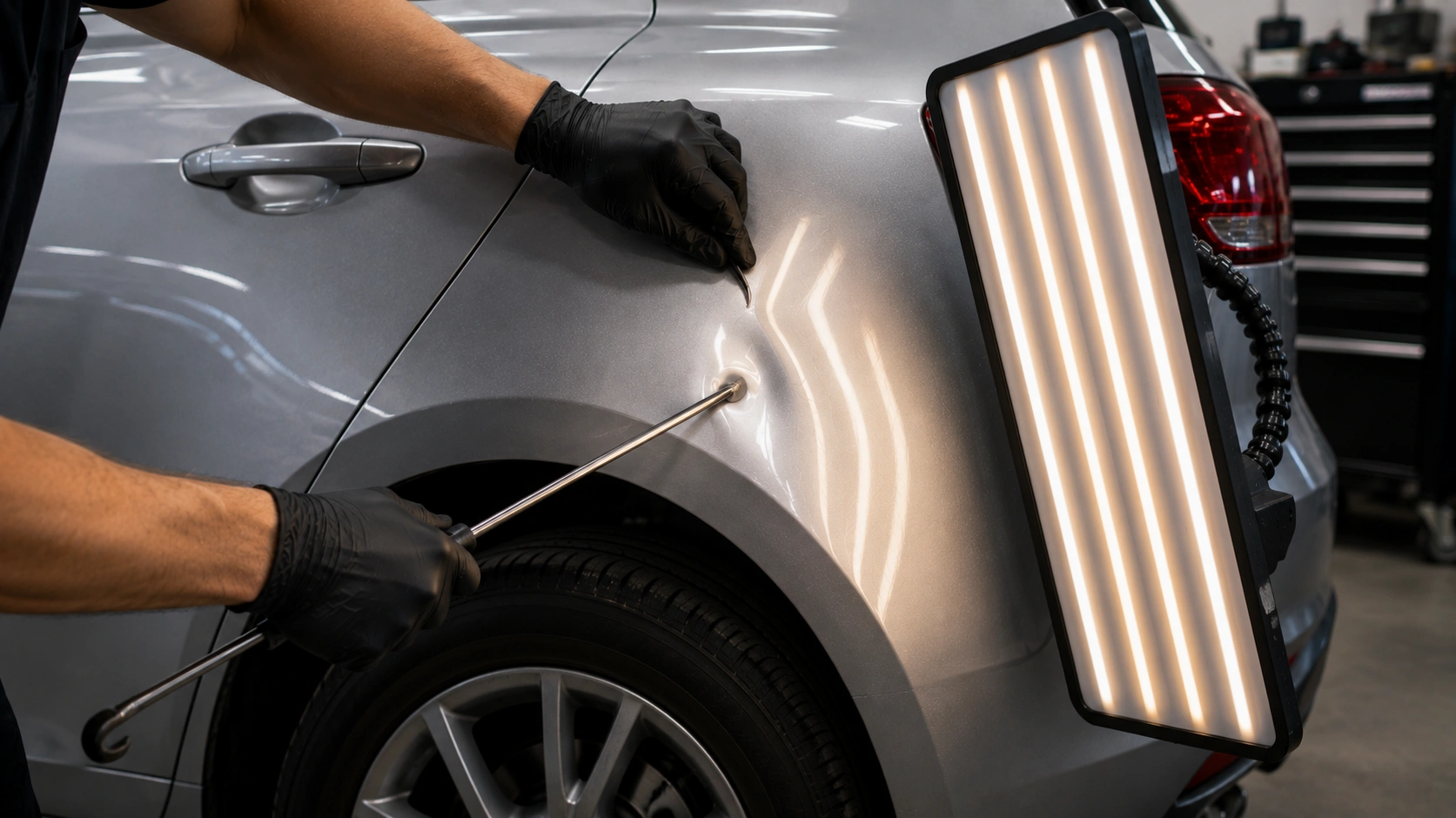 Paintless dent repair showing a technician using a professional PDR rod and LED reflection board to remove a dent while preserving the vehicle's original paint