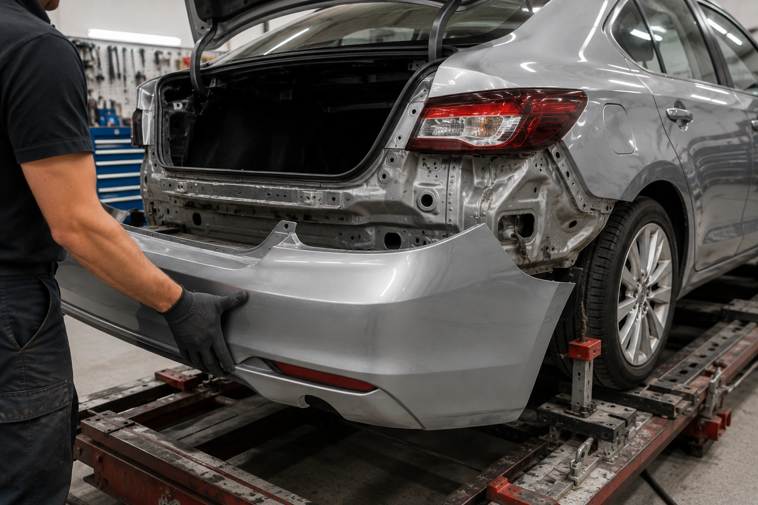 Rear end collision repair showing a technician test-fitting a replacement rear bumper during professional auto body restoration