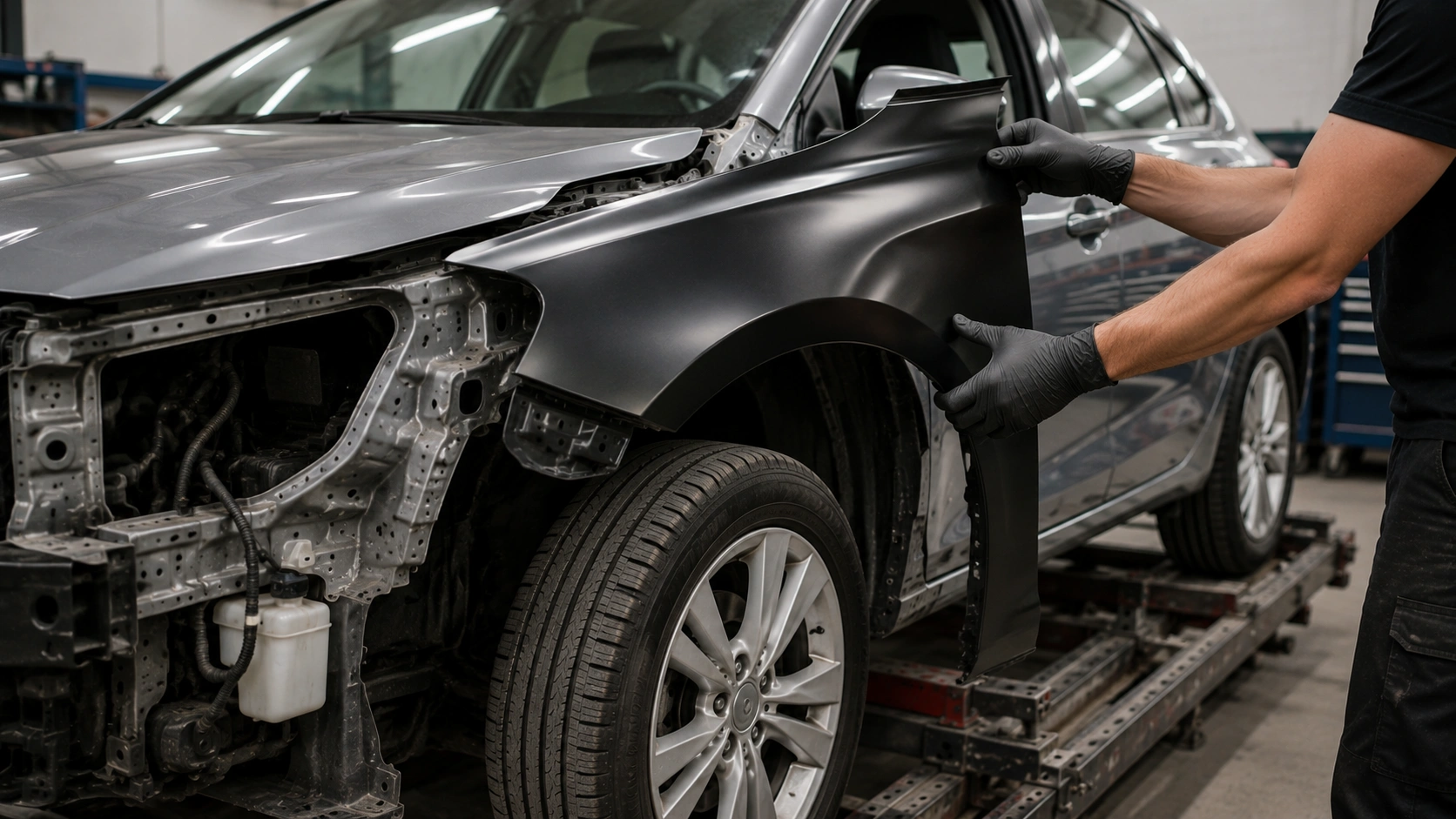 Panel replacement repair showing a technician test-fitting a replacement body panel during professional auto body restoration