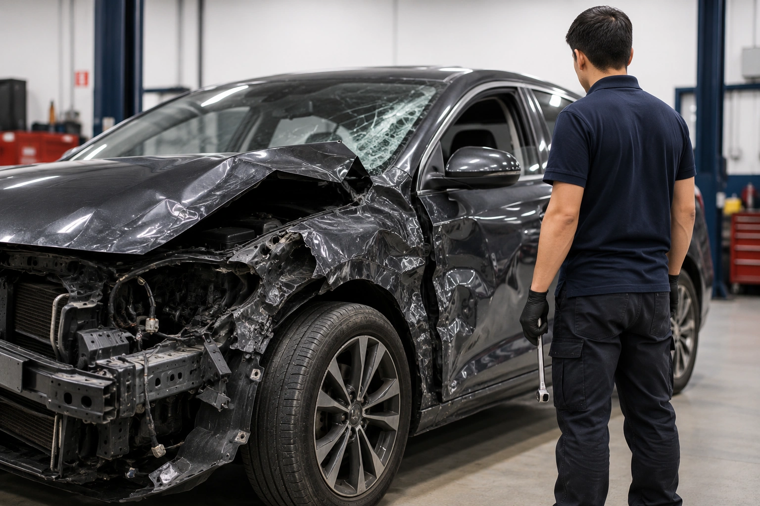 Technician inspecting a collision-damaged vehicle inside Scotty's Body Shop auto body shop in Des Moines, Iowa
