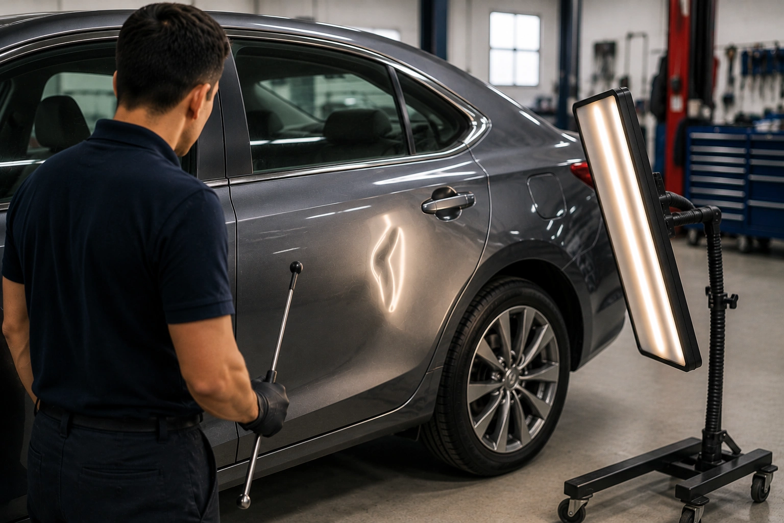 Technician inspecting a vehicle dent using professional dent removal tools at Scotty's Body Shop in Des Moines, Iowa