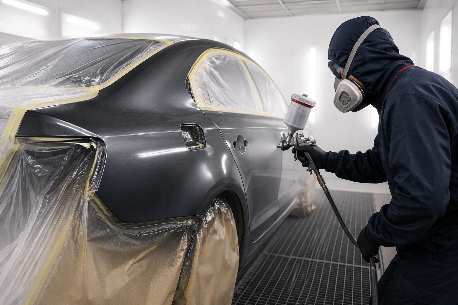 Technician applying automotive paint inside a professional spray booth at Scotty's Body Shop in Des Moines, Iowa