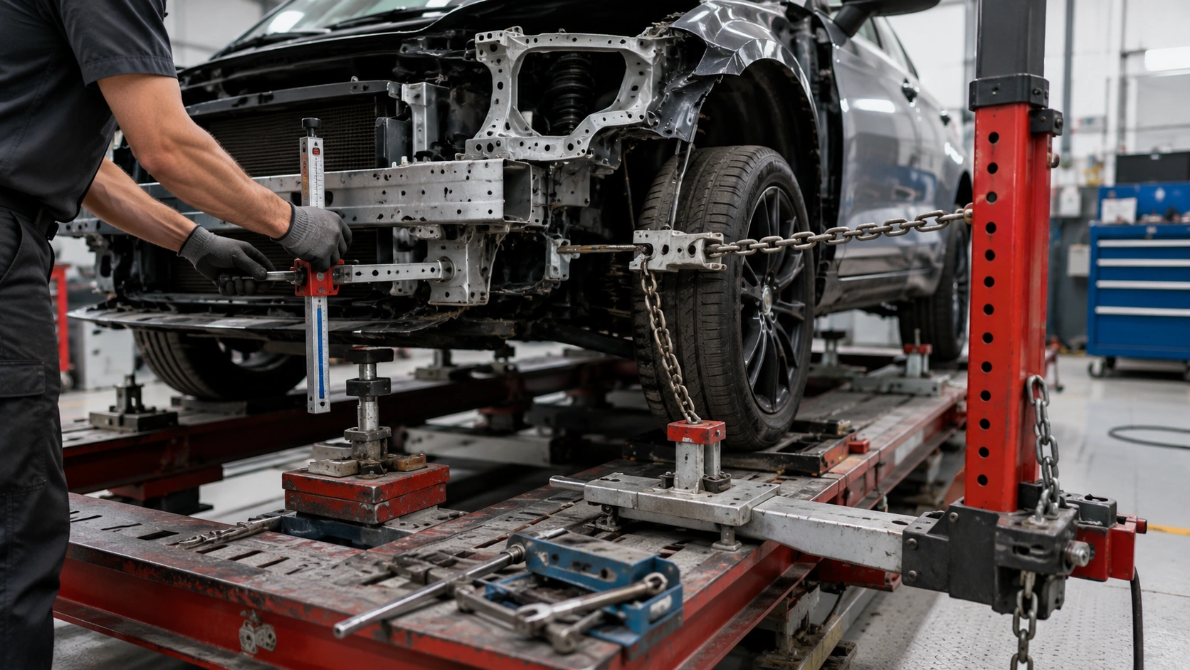 Frame repair showing a damaged vehicle secured on a frame machine during professional structural alignment